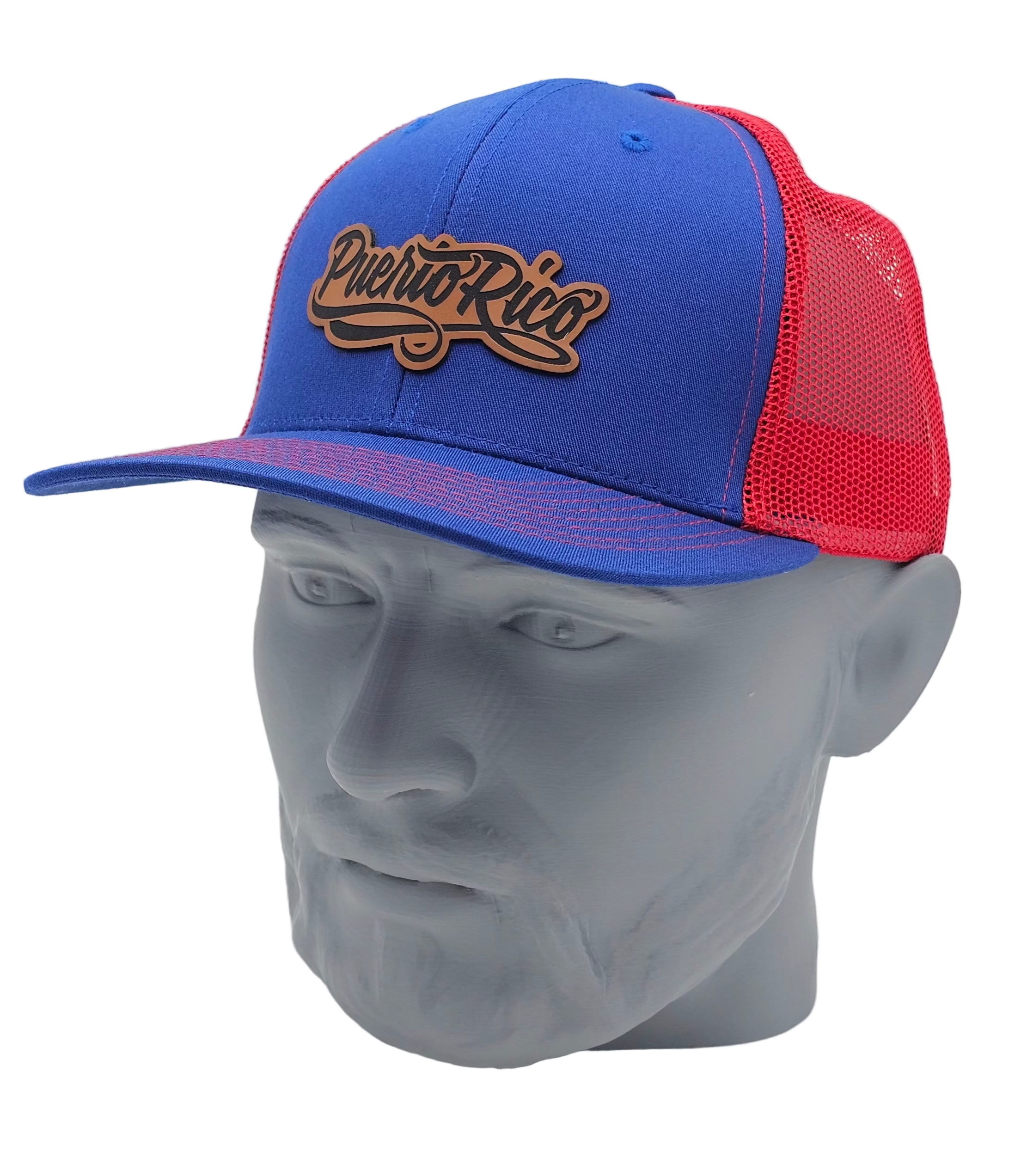 Blue and red cap with 'Puerto Rico' text on a gray mannequin head against a white background