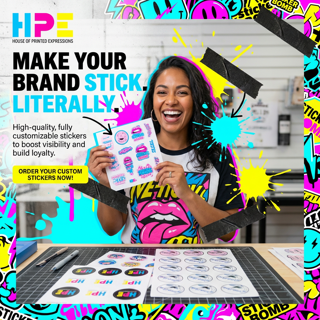 “Woman holding a sheet of colorful custom stickers, with printed sticker sheets on a worktable at House of Printed Expressions.”